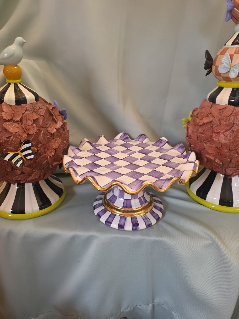Mavkenzie Childs Purple Check Ceramic Cake Stand